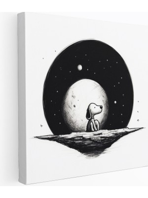 Popcas Siyah ve Beyaz Eskizle Minimalist Snoopy Temalı Kanvas Tablo