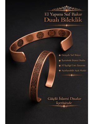 İyyakee Içi Dualı Erkek Kadın %100 Saf Bakır Bileklik – Süleyman Mührü, Nas Felak, ve Ismi Azam – Ayarlanabilir
