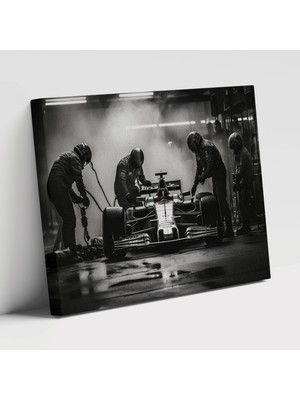 Popcas Formula 1 Pit Stop Siyah Beyaz Fotoğraf Kanvas Duvar Tablosu