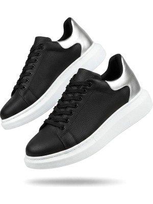 Zerenyus ZRK-X500 Yüksek Kalite Kalın Taban Alexandre Model Bağcıklı Siyah Gümüş Erkek Snakers
