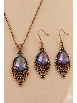 İyyakee Kadın Mistik Topaz Taşlı Kolye ve Küpe Seti Otantik Vintage Tasarım Şık Takı Seti