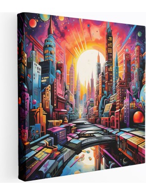 Popcas Canlı Kent Manzaralı Modern Sanat Renkli Tasarım Dekoratif Kanvas Tablo