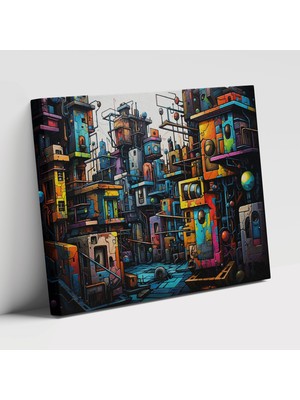 Popcas Canlı Grafiti Sanatı Şehir Manzarası Enerjik Grafiti Temalı Dekoratif Kanvas Tablo