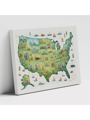 Popcas Masalsı Amerika Birle Devletleri Haritası Modern Sanat ile Hayal Gücüyle Kanvas Tablo