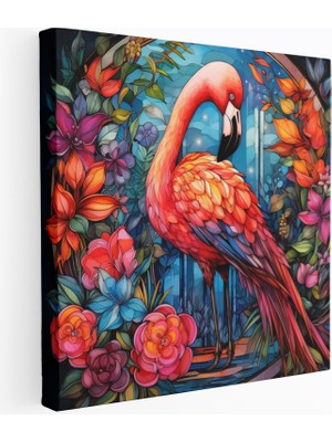 Popcas Flamingo Temalı Tropikal Tropikal Çiçekler Vitray Kanvas Duvar Tablosu