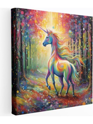 Popcas Gökkuşağılı Unicorn Motifli Büyülü Orman Manzarası ile Parıltılı Duvar Tablosu