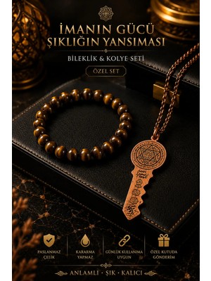 İyyakee Dualı Anahtar Kolye ve Kaplan Gözü Taşlı Bileklik Seti Manevi Koruma Güç Bereket Erkek Hediye Seti