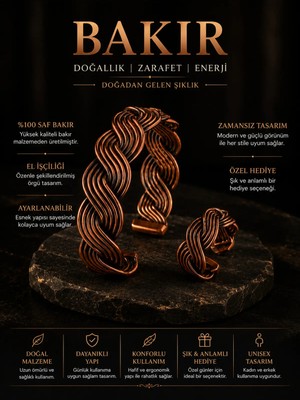 İyyakee Kadın Örgü Desenli Bakır Bileklik ve Yüzük Seti Otantik El Işçiliği Ayarlanabilir Takı