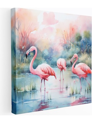 Popcas Lagün Suluboya Flamingo Dekoratif Kanvas Tablo