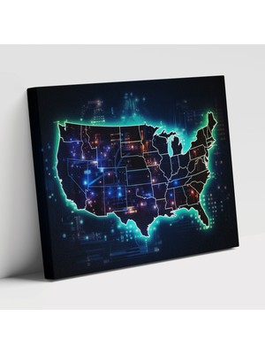 Popcas Neon Renklerde Gelecek Odaklı Amerika Birle Devletleri Haritası Dekoratif Kanvas Tablo