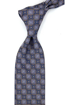 Kravatkolik Bej Lacivert Motif Desen Mendilli Klasik Kravat KK13898