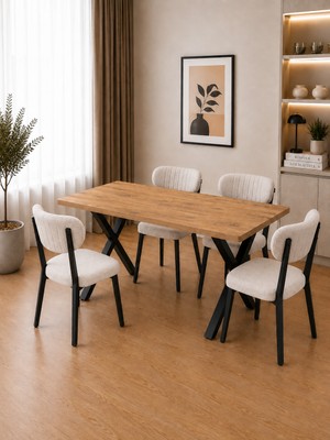Bambeds Mobilya 60X120 Yemek Masası Mutfak Masası 4 Kişilik Masa Sandalye Takımı Krem Elma Sandalye