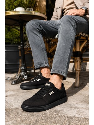 Mevese Camden Bağcıklı Keten Kumaş Erkek Günlük Sneaker Ayakkabı – Siyah