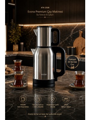 Evona Çelik 2 In 1 Çay Makinesi Su Isıtıcısı & Çaycı Steeltea