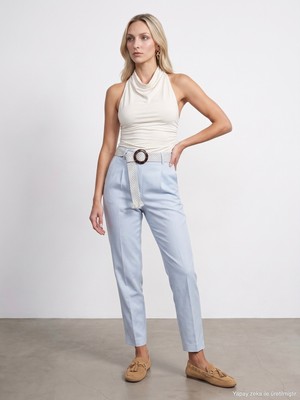 Dilvin 72735 Kemerli Pensli Pantolon-Mavi