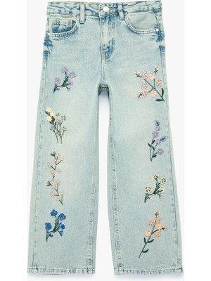 Koton Çiçek Nakışlı Pamuklu Geniş Paça Denim Pantolon