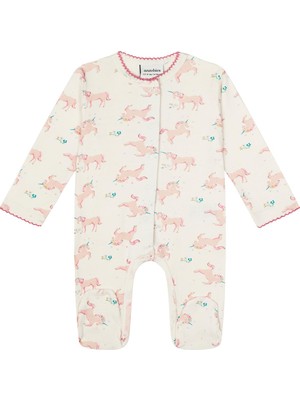 Antebies Organik Gots Sertifikalı Unicorn Masalı Desenli, Önden ve Ağdan Çıtçıtlı, Uzun Kollu, Ayaklı Bebek Tulumu