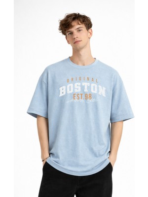 Shopwave Boston - Baskılı Oversize Tişört Açık Mavi