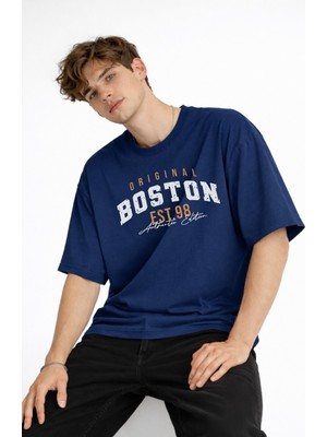 Shopwave Boston - Baskılı Oversize Tişört Lacıvert