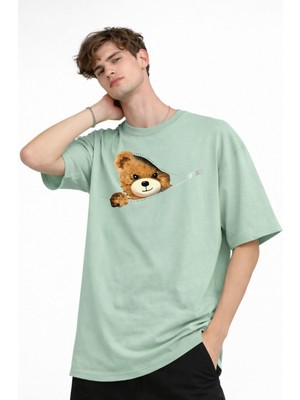 Shopwave Mn - Bear Baskılı Oversize Tişört Su Yesılı