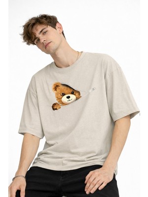 Shopwave Mn - Bear Baskılı Oversize Tişört Bej