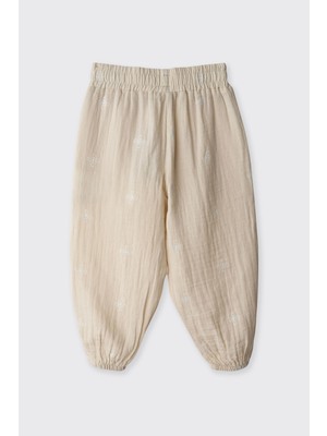 Panço Kız Bebek Nakışlı Müslin Bej Pantolon