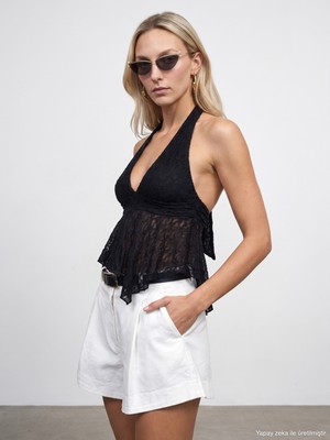 Dilvin 21228 Dantel Halter Yaka Top-Siyah