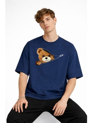 Shopwave Mn - Bear Baskılı Oversize Tişört Lacıvert