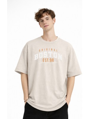 Shopwave Boston - Baskılı Oversize Tişört Bej