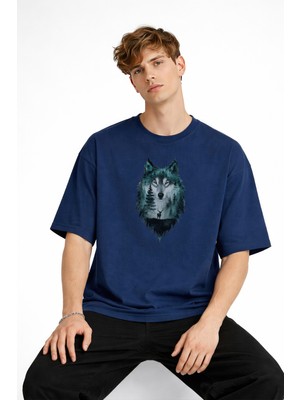 Shopwave Wolf - Oversize Erkek Tişört Koyu Mavi