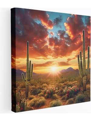 Popcas Güneybatı Saguaro Günbatımı Gökyüzü ve Saguaro Kaktüsleri Temalı Kanvas Tablo
