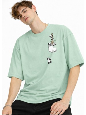 Shopwave Panda - Baskılı Oversize Tişört Su Yesılı