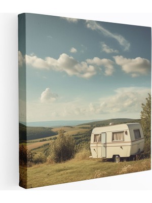 Popcasso Retro Kır Evi Motifli Karavan Manzarası ile Sade Tasarım Kanvas Tablo