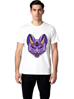 PayBuy Erkek Fantastik Kedi Başı Altın Boynuzlu Üçüncü Göz Baskılı Rahat Kesim Tişört Günlük Modern Şık