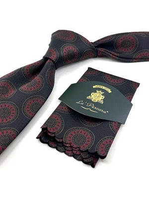 Kravatkolik Kahve Bordo Motif Desen Mendilli Klasik Kravat KK13971
