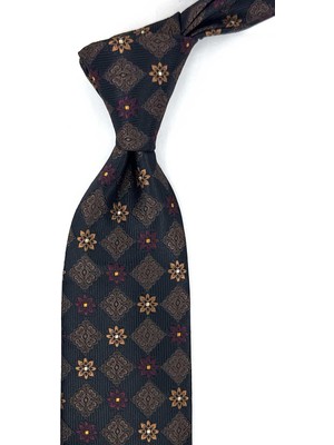 Kravatkolik Kahverengi Motif Desen Mendilli Klasik Kravat KK13942