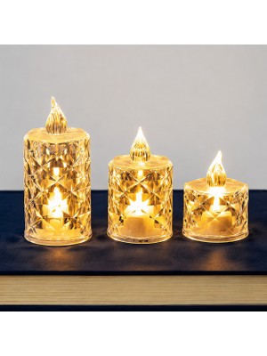 Qasul 3'lü LED Dekoratif Mum Seti Kristal Görünümlü Pilli Alev Efektli (Küçük Orta Büyük)