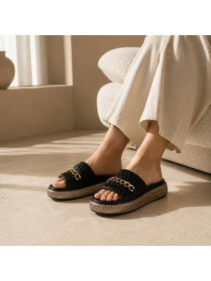 RS Riva Shoes Rıva Kadın Gold Zincir Detaylı Kalın Taban Eva Platform Terlik Siyah