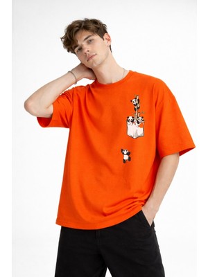 Shopwave Panda - Baskılı Oversize Tişört Turuncu