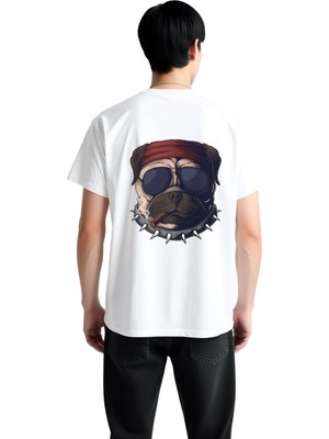 PayBuy Erkek Grafik Baskılı Tişört Güneş Gözlüklü Köpek Bandana Çivili Tasma Detaylı Rahat Kesim Günlük