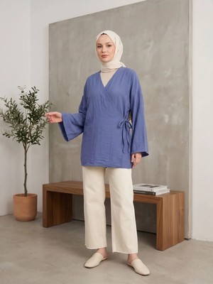 Miostil Yan Bağlamalı Çilek Tunik-Indigo