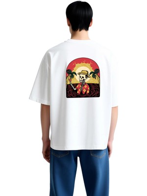 PayBuy Erkek Oversize Grafik Baskılı Tişört Iskelet Figürlü Tatil Temalı Sanat Desenli Rahat Kesim Günlük