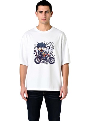 PayBuy Karikatür Adam Motosiklet Çizgi Sanatı Baskılı Erkek Oversize Tişört