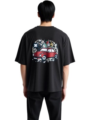 PayBuy Erkek Oversize Tişört Vintage Araba Grafik Baskı Nostalji Retro Çizgi Sanat Günlük Konforlu Rahat