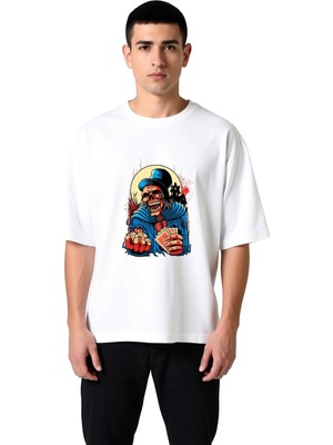PayBuy Erkek Oversize Tişört %100 Pamuk Büyücü Iskeleti Kart Zar Baskılı Grafik Desenli Rahat Kesim Günlük