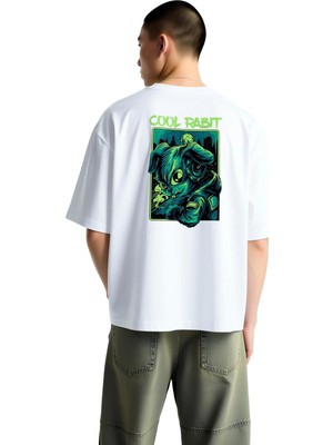 PayBuy Erkek Oversize Tişört %100 Pamuk Crew Neck Kısa Kol Karikatür Tavşan Baskılı Rahat Kesim Günlük