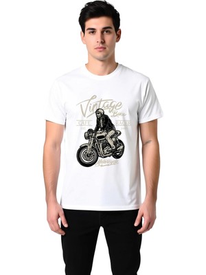 PayBuy Erkek Vintage Cafe Racer Motosiklet Baskılı Pamuk Tişört Klasik Kesim Kısa Kollu Rahat Günlük Modern