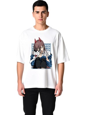 PayBuy Erkek Oversize Anime Baskılı Tişört Boynuzlu Karakter Kedi Sevenlere Özel Dtf Baskı Günlük Rahat