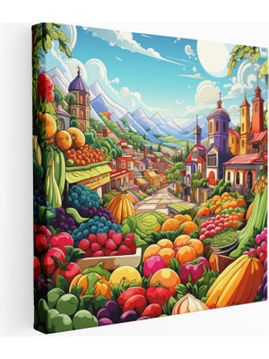 Popcasso Renkli Pazar Motifli Köy Manzarası Pop Sanat Dekoratif Kanvas Tablo