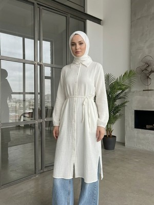 Miostil Yırtmaç Detay Uzun Tunik-Ekru